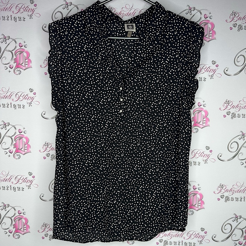 Anne Klein tank top buttons ruffle frill Black and White Polka Dot Top